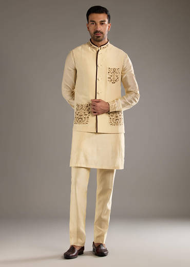 Gold Chanderi Linen Kurta Jacket Set For Men With Dori Work