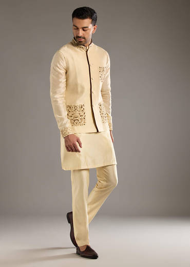 Gold Chanderi Linen Kurta Jacket Set For Men With Dori Work