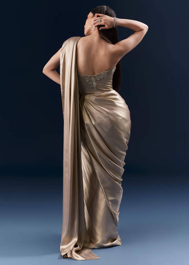 Gold Crepe Crop Top And Drape Skirt Set With Embroidery