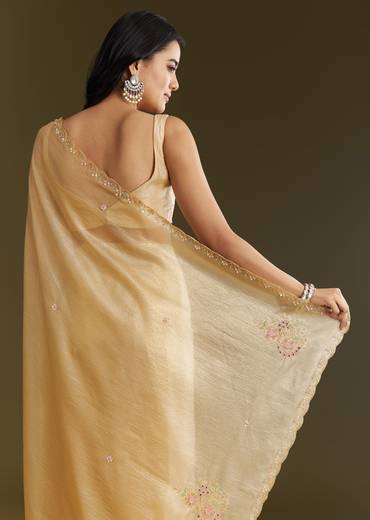 Gold Crushed Tissue Saree With Floral Embroidery And Scallop Border