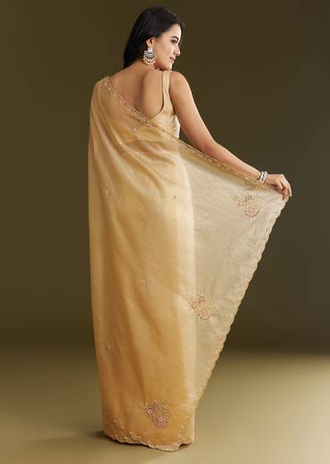 Gold Crushed Tissue Saree With Floral Embroidery And Scallop Border