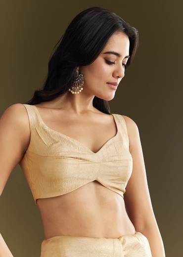Gold Crushed Tissue Saree With Floral Embroidery And Scallop Border