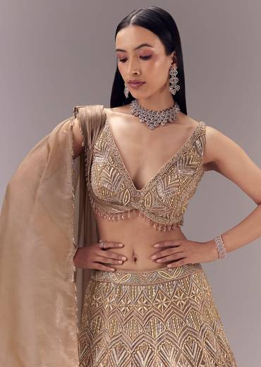 Gold Draped Blouse and Embellished Lehenga Set