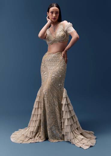 Gold Draped Blouse with Embellished Skirt