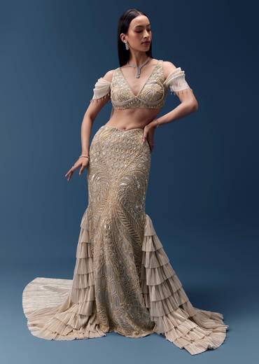 Gold Draped Blouse with Embellished Skirt