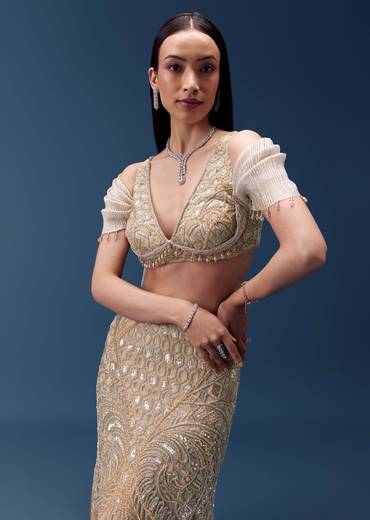 Gold Draped Blouse with Embellished Skirt