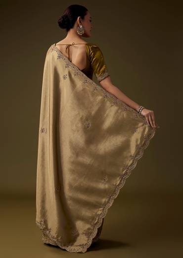 Gold Embroidered Tissue Silk Saree with Unstitched Blouse