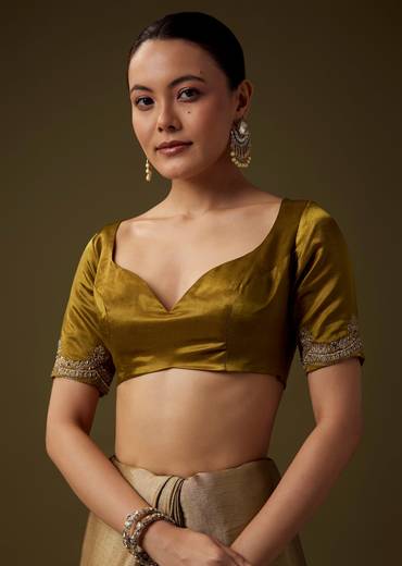 Gold Embroidered Tissue Silk Saree with Unstitched Blouse