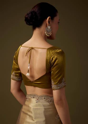 Gold Embroidered Tissue Silk Saree with Unstitched Blouse