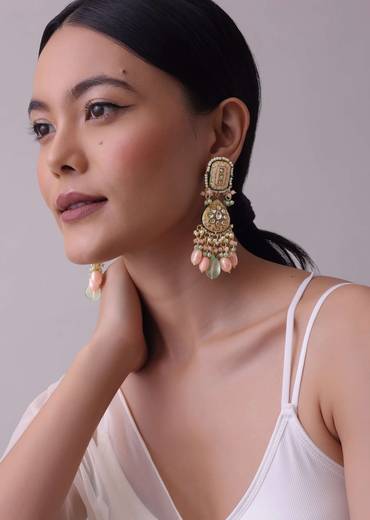 Gold-Finish Green-Stone Kundan Choker Necklace Set With Colourful Meenakari Work In Mix Metal