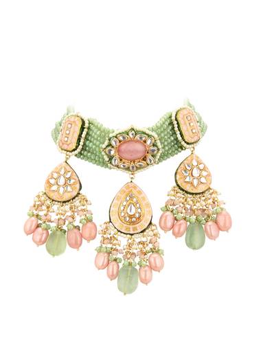 Gold-Finish Green-Stone Kundan Choker Necklace Set With Colourful Meenakari Work In Mix Metal