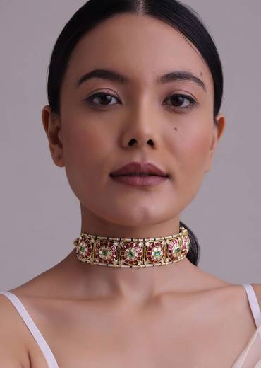 Gold-Finish Jadau Kundan Choker Set With Red-Green Stones And Elegant Studs In Mix Metal