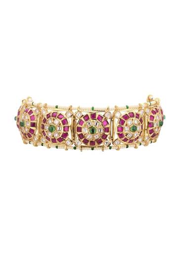 Gold-Finish Jadau Kundan Choker Set With Red-Green Stones And Elegant Studs In Mix Metal
