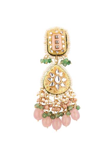 Gold-Finish Kundan Dangler Earrings With Multicolor Meenakari Work And Drop-Stones In Mix Metal