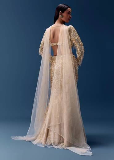 Gold Fishcut Lehenga with Blouse and Choker Dupatta