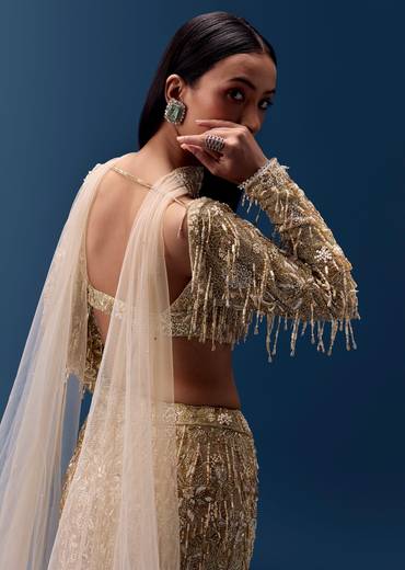 Gold Fishcut Lehenga with Blouse and Choker Dupatta