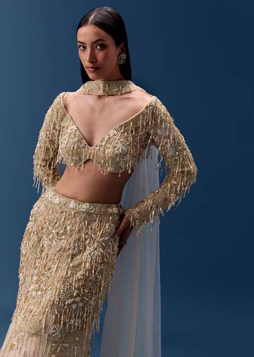 Gold Fishcut Lehenga with Blouse and Choker Dupatta