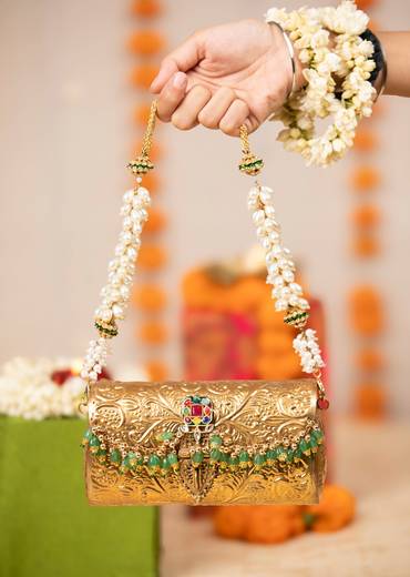 Gold Floral Embossed Textured Metal Bag