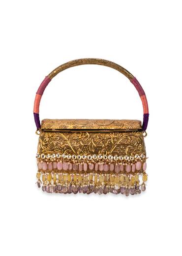 Gold Floral Engraved Bead Tassel Metal Bag