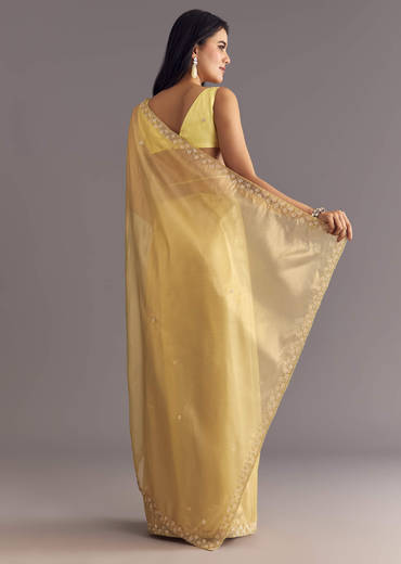 Gold Glossy Tissue Saree With Floral Cutdana And Moti Embroidery