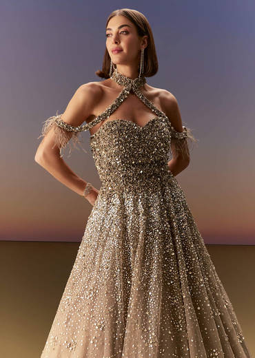Gold Halter Neck Gown With Cut Out Back And Embellished Bodice