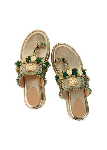 Gold Handcrafted Tassel Wedges with Brocade Straps