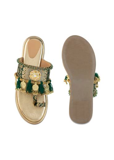 Gold Handcrafted Tassel Wedges with Brocade Straps