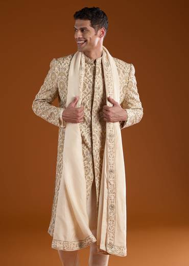 Gold Jacquard Sherwani Kurta Set