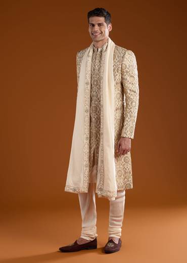 Gold Jacquard Sherwani Kurta Set
