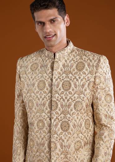 Gold Jacquard Sherwani Kurta Set
