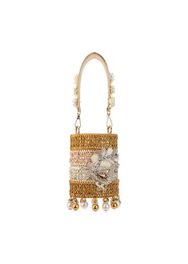 Gold Multi Bead Drop Hand Embroidered Potli Bucket Bag