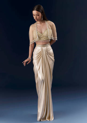 Gold Net Crop Top And Drape Skirt Set With Cutdana And Beads Work