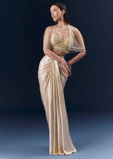 Gold Net Crop Top And Drape Skirt Set With Cutdana And Beads Work