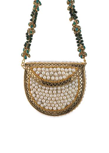 Gold Pearl Embellished Metal Bag