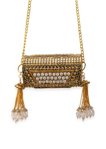 Gold Pearl Encrusted Antique Metal Bag