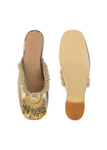 Gold Pearl Hand Embellished Heel Mules