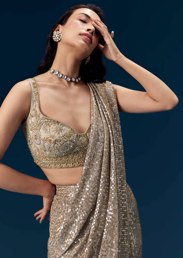 Gold Ready Pleated Sequin Net Saree with Blouse