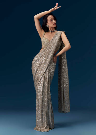Gold Ready Pleated Sequin Net Saree with Blouse