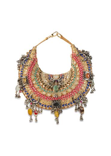 Gold Silk Embroidered Bag with Bead Tassels