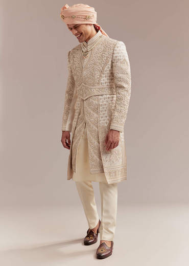 Gold Silk Sherwani For Groom With Heavy Hand Embroidery
