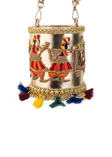 Gold Tassel Drop Embroidered Potli Bucket Bag