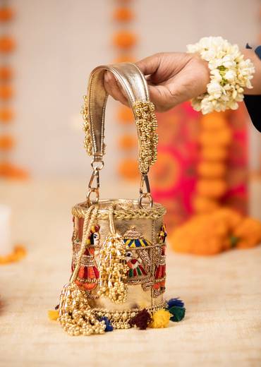 Gold Tassel Drop Embroidered Potli Bucket Bag