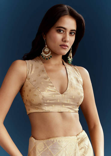 Gold Tissue Brocade Saree With Tassels And Gota Patti Moti Embroidery