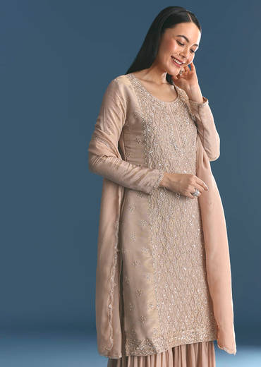 Gold Tissue Kurta Sharara Set With Beads And Sequins Work
