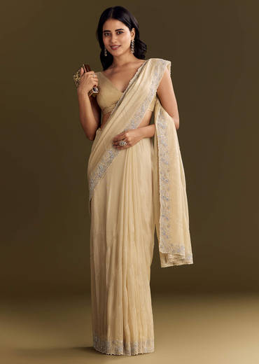 Gold Tissue Saree With Cutdana And Beads Scallop Border