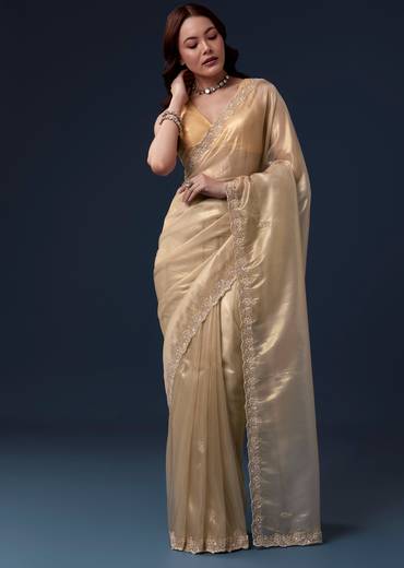 Gold Tissue Saree With Cutdana Beads Sequins And Zardosi Work