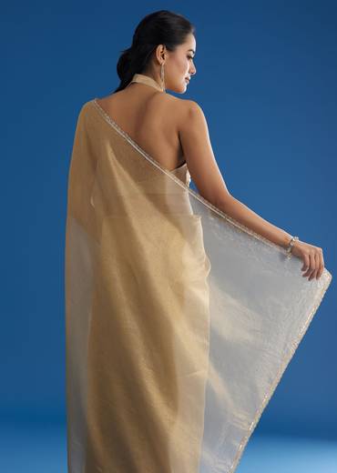 Gold Tissue Saree With Cutdana Sequins And Beads Embroidery