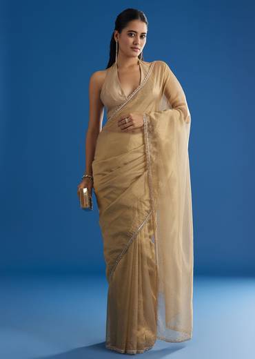 Gold Tissue Saree With Cutdana Sequins And Beads Embroidery