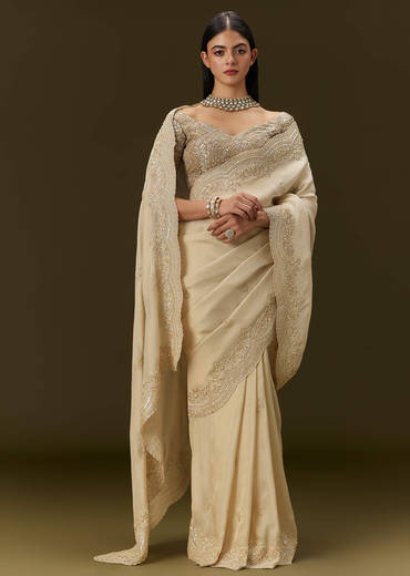 Gold Tissue Saree With Embroidered Brocade Blouse