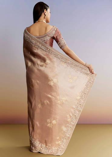 Gold Tissue Saree With Heavy Embroidered Border And Blouse
